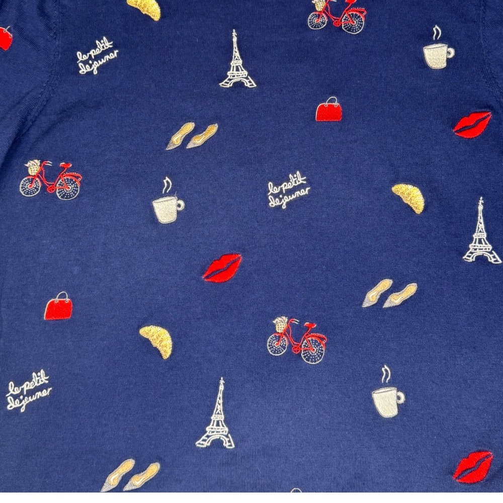 Talbots Navy Blue Embroidered Paris Theme Pullover Top Eiffel Tower Size S - Picture 2 of 7